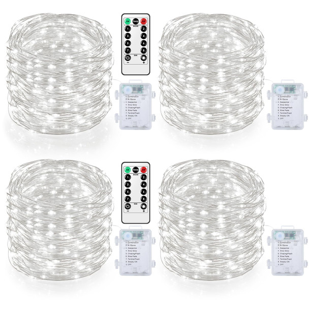 Mlambert 4 Pack 40FT Fairy Lights Battery Operated with Remote & Timer, Waterproof Dimmable Twinkle Light 8 Modes for Indoor Outdoor Decor, Cool White