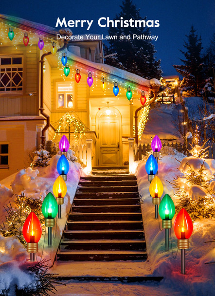 Jumbo C9 Christmas Pathway Lights Outdoor - 8.5 Feet 5 LED C9 Walkway Lights, C7 Lights Covered Jumbo Multicolor Light Bulb Christmas Lights Outdoor Decorations for Lawn Holiday Outside Yard Garden