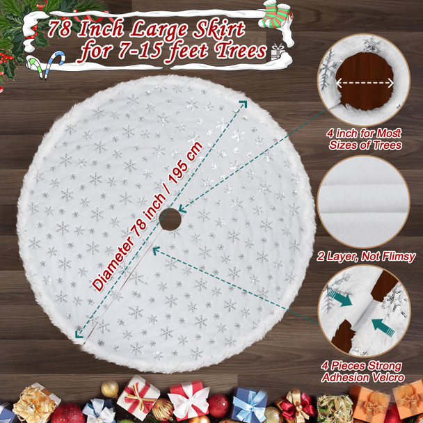 78 Inch Christmas Tree Skirt, Faux Fur Extra Large White Tree Skirt Reusable Christmas Decorations Indoor, Plush Soft Thickened Mat with Silver Sequin Snowflake for Xmas Tree Holiday Party Decor