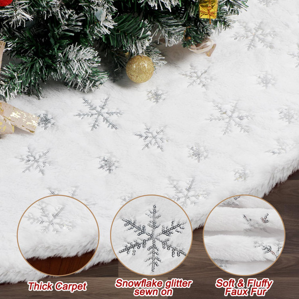 78 Inch Christmas Tree Skirt, Faux Fur Extra Large White Tree Skirt Reusable Christmas Decorations Indoor, Plush Soft Thickened Mat with Silver Sequin Snowflake for Xmas Tree Holiday Party Decor