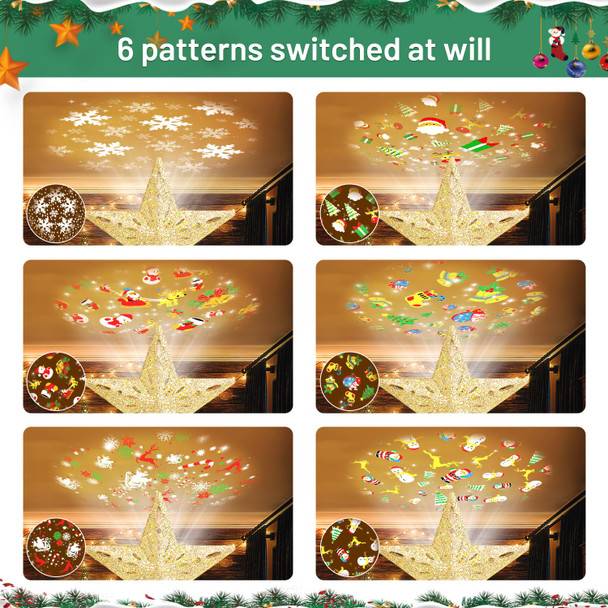 Mrrihand Christmas Tree Topper Lighted with 6 Projection Modes, Christmas Star Tree Topper Built-in LED Rotating Lights, Gold 3D Glitter Dynamic Projection for Christmas Tree Decorations