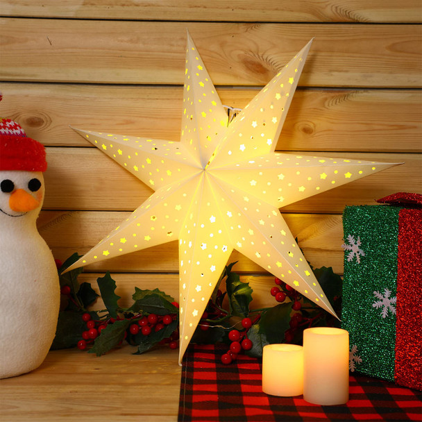 Christmas Star Paper Lantern 7 Pointed Star Paper Lantern with 10 LED Light String Hanging Pendant Lampshade Ornament for Weddings Holiday Birthday Home Decor 19.7 Inch(Classic,White)