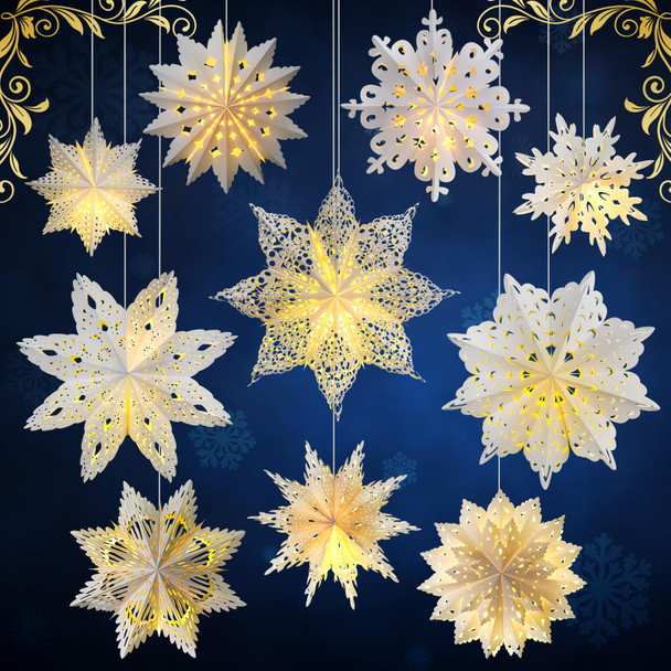 Mudder 10 Pcs Snowflake Paper Lantern Paper Star Lantern with 14 LED Light Paper Lamp Frozen Party Hanging Decoration for Christmas Weddings Year Birthday Holiday Celebration, White