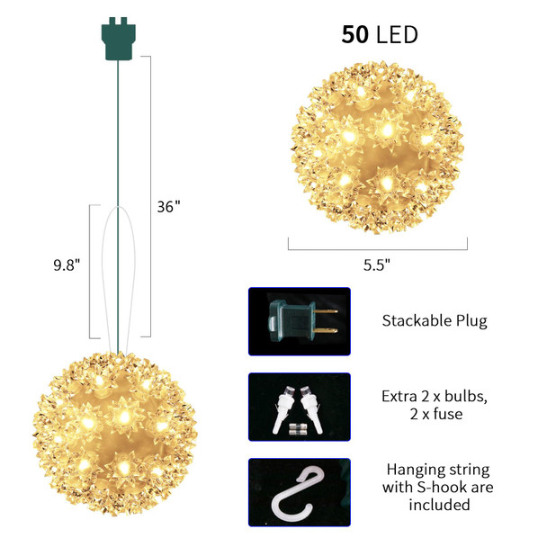 Christmas Lights Ball 5.5" Sparkling Outdoor Hanging Sphere Lights Twinkling Lights 50 LED Starlight Sphere Soft Twinke Christmas Sphere Lights for Tree Porch Decorations, Warm White - Twinkling