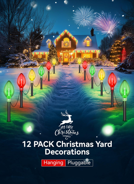 12 Pack Jumbo C9 Christmas Lights Outdoor, 44 Ft Extra Long String Lights Christmas Decorations Outdoor, 60 LED Solar Christmas Lights 2 Charging Ways Waterproof Outdoor Decoration for Pathway Yard
