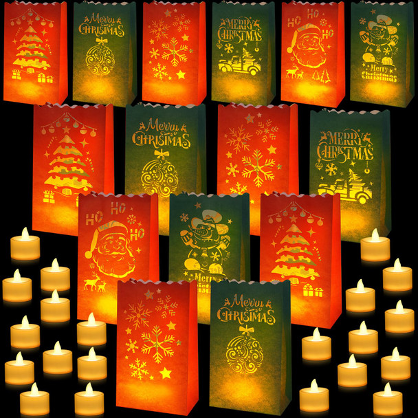 Nezyo 30 Sets Christmas Luminaries Bags with Flameless LED Tea Lights Luminaries Bags with LED Lights 6 Designs Luminary Candle Bags Luminary Lantern Bags for Home Party Outdoor Decoration