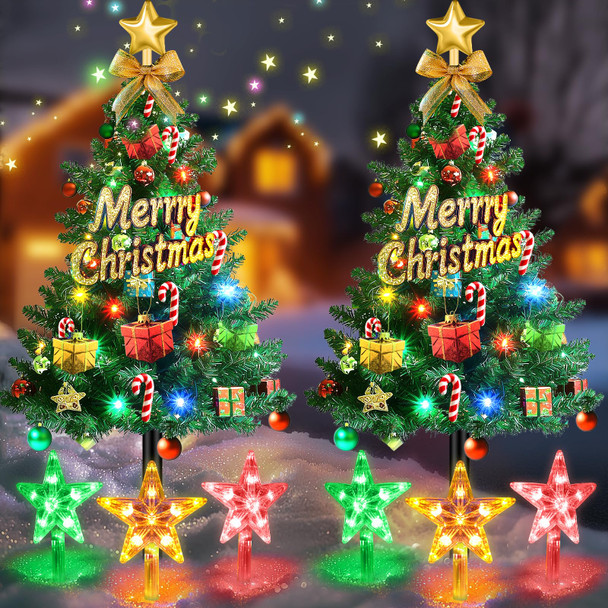 Christmas Tree Lights Outdoor Decorations: 2 Pack 72LED Artificial Small Christmas Tree, 8 Colorful Modes Solar Christmas Lights, Prelit Christmas Tree Lights with 34PCS Xmas Ornaments 6 Lighted Star