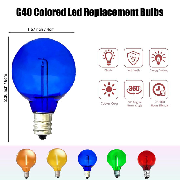 25 Pack G40 Blue LED Replacement Christmas Light Bulbs,E12 Candelabra Base, Shatterproof Plastic, for Christmas Outdoor String Lights (Blue)