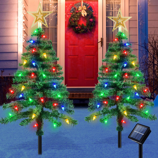 Ninonly Solar Christmas Tree Light 2 Pack,3.6FT 1000mAh Solar Powered Christmas Garden Light 8 Modes Waterproof C6 Strawberry 100Leds Solar Yard Stake Pathway Lights for Christmas Outdoor Decoration