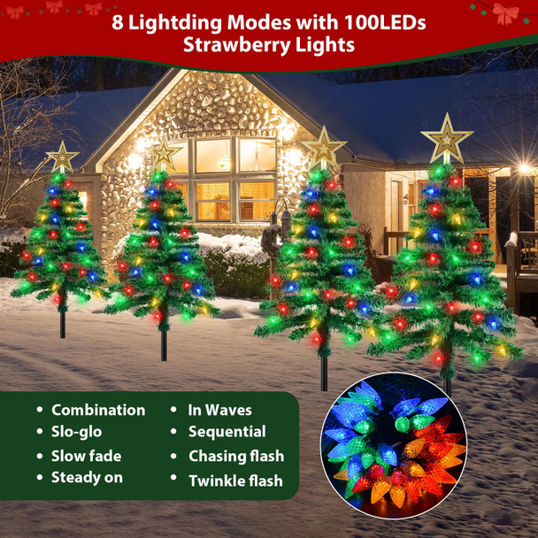 Ninonly Solar Christmas Tree Light 2 Pack,3.6FT 1000mAh Solar Powered Christmas Garden Light 8 Modes Waterproof C6 Strawberry 100Leds Solar Yard Stake Pathway Lights for Christmas Outdoor Decoration