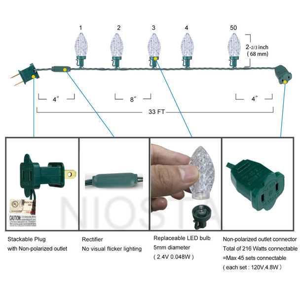 NIOSTA 33Ft LED Christmas roofline String Lights, C9 Outdoor roof String Lights with Quick Shingle & Gutter Clips,Plug in & connectable,Warm White