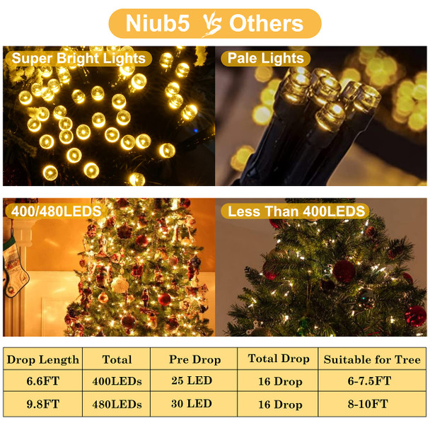 Christmas Tree Lights - Christmas Lights Indoor 399 LED 6.5FT x 16 Drops Christmas Outdoor Lights with 8 Models & Memory Function & Timer & Remote Control Warmwhite