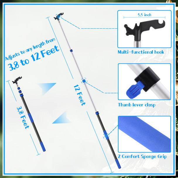 Pole for Hanging Christmas Lights, 3.8-12 FT Long Extension Pole with Utility Hook, Ladderless Telescopic Poles Christmas Outdoor String Light Installation Tool, Extend a Reach Rod Kit