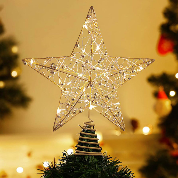 Christmas Tree Topper 10" Golden Glittered Star Tree Topper with 20 LED Lights Xmas Tree Topper Star for Xmas Decorations Ornaments Holiday Party Indoor Decor