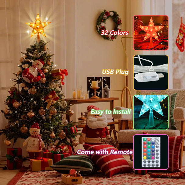 Christmas Tree Topper, 9" Lighted Christmas Tree Topper Star KBG LED 20 Light Modes Color Changing USB Powered with Versatile Remote Controller for Xmas Decorations