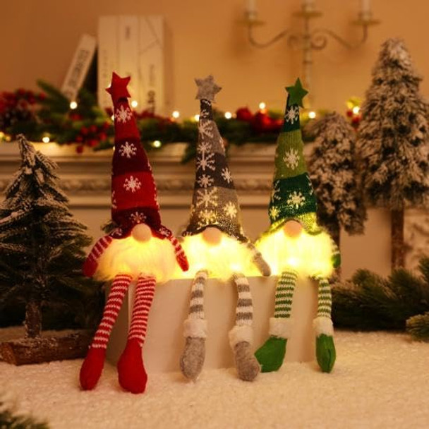 3PCS Christmas Gnomes Plush with Lights, 13 Inch Lighted Christmas Gnomes Decorations, Christmas Gnome Santa, Gnome Plush Doll Ornaments with Legs for Xmas Tree Home Fireplace Table Decorations