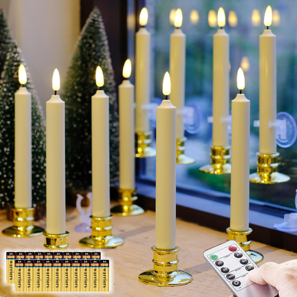 10 Pack Window Candles +20 AA Batteries(Include,Run More Than 400 Hours) + Candleholders + Suction Cups+ 2 Remote. 8'' Tall. IVORY LED Battery Powered Candle. 3D Flickering Wick, Timer Function