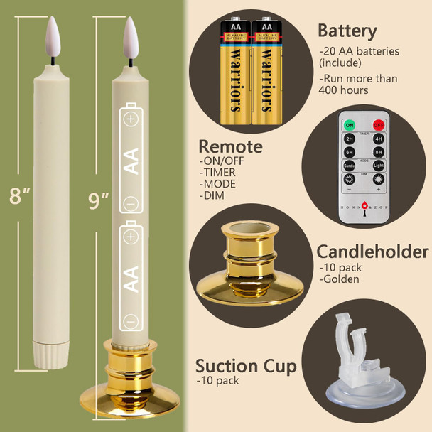 10 Pack Window Candles +20 AA Batteries(Include,Run More Than 400 Hours) + Candleholders + Suction Cups+ 2 Remote. 8'' Tall. IVORY LED Battery Powered Candle. 3D Flickering Wick, Timer Function