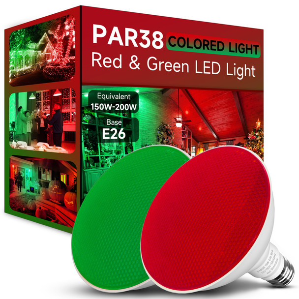 PAR38 Red Green LED Lights for Outside [Christmas Combo], 150W Flood Light Bulbs Equivalent, 15W 1200LM, Colored Outdoor Flood Light Bulb, E26 Base Not-dim for Christmas, Halloween, 2 Pack