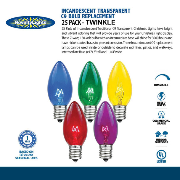 Novelty Lights Twinkle Christmas Replacement Bulbs - Outdoor Individual Bulbs For Events, Holiday Parties, Patios, And More - C7/E12 Candelabra Base, 5 Watt Lights (Multicolor, 25 Pack)
