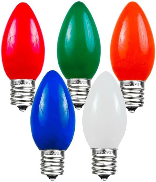 Novelty Lights Ceramic Christmas Replacement Bulbs - Outdoor Individual Bulbs For Events, Holiday Parties, Patios, And More - C7/E12 Candelabra Base, 5 Watt Lights (Multicolor, 25 Pack)