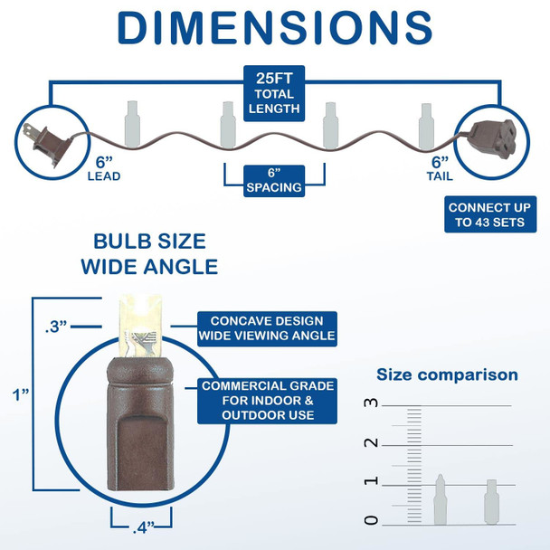 Novelty Lights 50 Light LED Christmas Mini Light Set, Outdoor Lighting Party Patio String Lights, Warm White, Brown Wire, 25 Feet