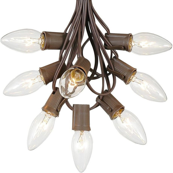 C9 Clear Christmas String Light Set - Outdoor Christmas Light String - Hanging Christmas Lights - Roofline Light String - Outdoor Patio String Lights - Brown Wire - 25 Foot
