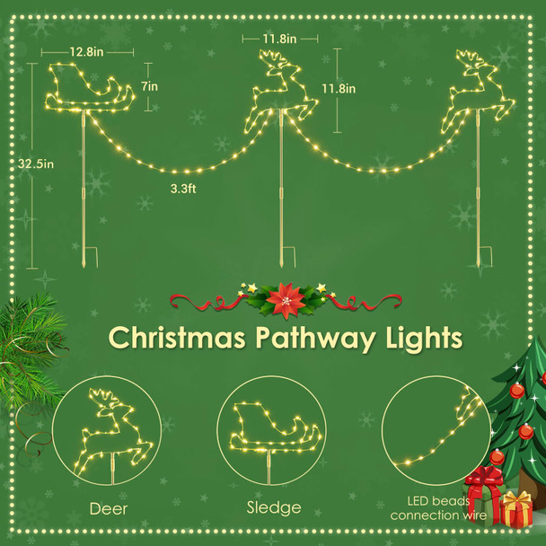 Novtech 7.6FT Long Christmas Pathway Lights Outdoor, 12 x 12 Inch Reindeer Christmas Outdoor Decorations Battery Operated, 129 LEDs 8 Modes Warm White IP65 Waterproof Christmas Lights for Yard/Garden