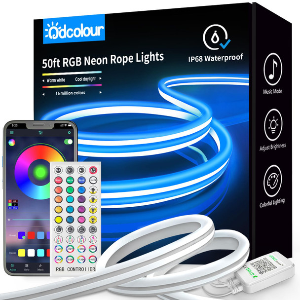 50ft Neon Rope RGB Lights, IP68 Waterproof Flexible Neon Lights, LED Strip Lights for Bedroom, Room Decor for Christmas, Outdoors, Pool 1 Roll A