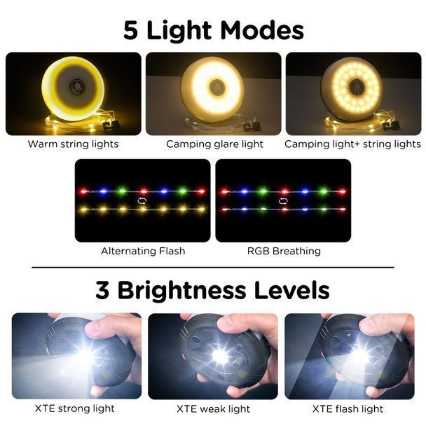 Camping String Lights, 2 in 1 Quick Storage 32.8FT Rechargeable Tent Lights String with 8 Lighting Modes, Hanging Waterproof Portable LED Lamp for Bedroom Yard Decor Christmas Camping Essentials