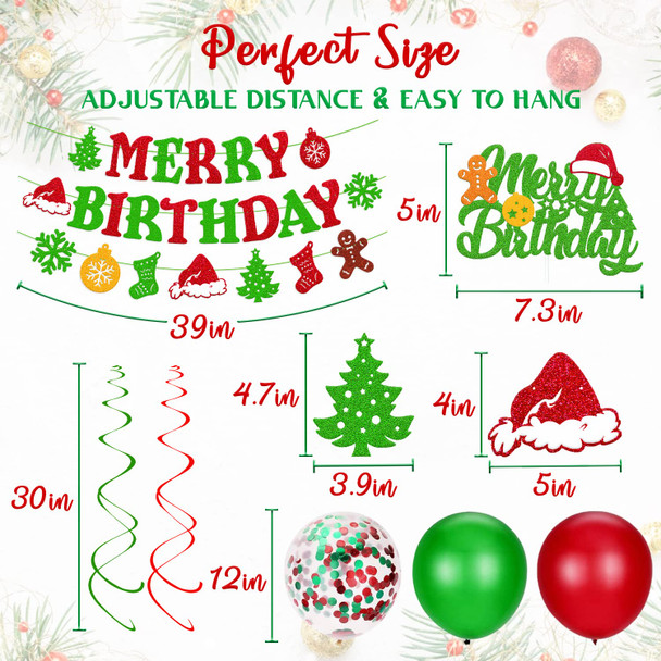 Christmas Birthday Decorations Merry Birthday Banner Christmas Cake topper Red Green Hanging Swirls Balloons for Merry Christmas Tree Winter Snow Happy Year Theme Party Supplies 46 PCS