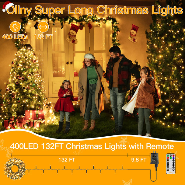Ollny Christmas Tree Lights 400LED 132FT, Remote Plug-in Christmas Lights with Timer and 8 Modes, Waterproof Outdoor String Lights for Thanksgiving Xmas House Indoor Outside Decorations(Warm White)
