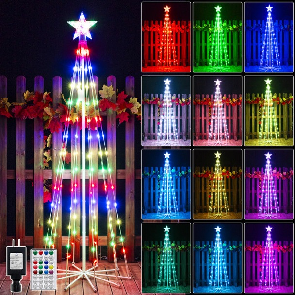 Ollny Christmas Tree Lights 5FT 140 LED, RGB 34 Modes Color Changing Outdoor String Light with Plug in Remote, Waterproof Star Lights for Xmas Outside Indoor Yard Porch Decorations