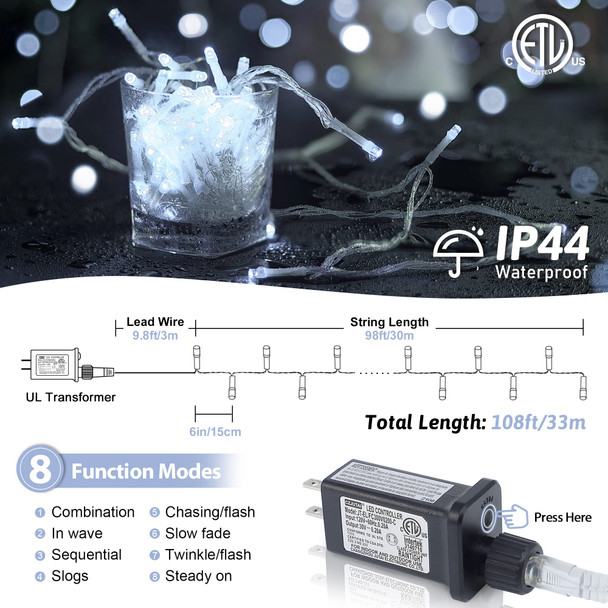 String Lights Indoor,YOUNGAR Twinkle Lights,98FT 200 LED 8 Modes White Christmas Lights Outdoor, 30V UL Small Lights Plug in for Home, Garden, Wedding, Party,Holiday Decoration
