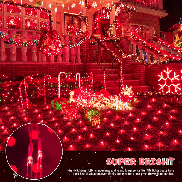 9.8ft x 6.6ft 192 LED Christmas Net Lights,8 Modes 30V Low Voltage Mesh Fairy String Lights for Christmas Trees, Bushes, Wedding, Garden, Outdoor Decorations (Red)
