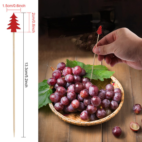 OOTSR Pack of 100 Wooden Christmas Tree Shape Cocktail Picks, Cocktail Picks 5.2 Inch Sandwich Fruit Sticks Pearl Bamboo Toothpicks for Party Appetizer Supplies Decorative