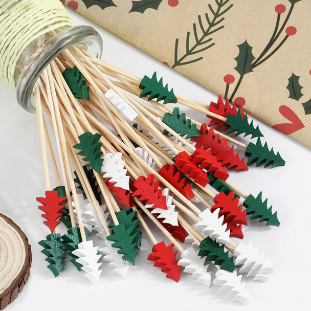 OOTSR Pack of 100 Wooden Christmas Tree Shape Cocktail Picks, Cocktail Picks 5.2 Inch Sandwich Fruit Sticks Pearl Bamboo Toothpicks for Party Appetizer Supplies Decorative