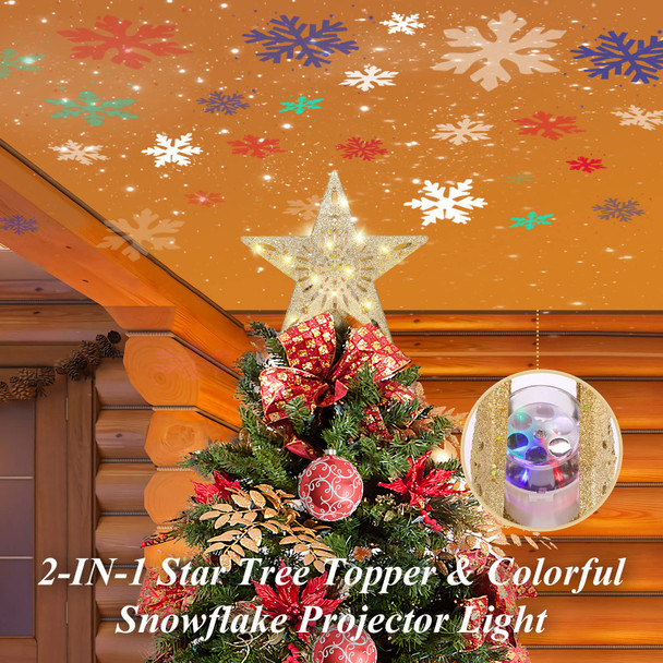 Star Christmas Tree Topper Lighted, Orenic Tree Star Topper with LED Rotating Colorful Snowflake Projector Lights, Hollow-Out Gold Star Tree Topper for Christmas/Xmas Tree Topper Decoration