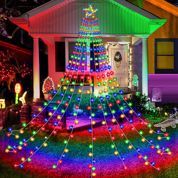 Outdoor Christmas Decorations 350 Led Star Lights - 11.5ft x 9 String Waterfall Christmas Lights Indoor, 8 Modes Memory Function With Star Topper Light for Yard Xmas Tree Wedding Party(Multicolor)