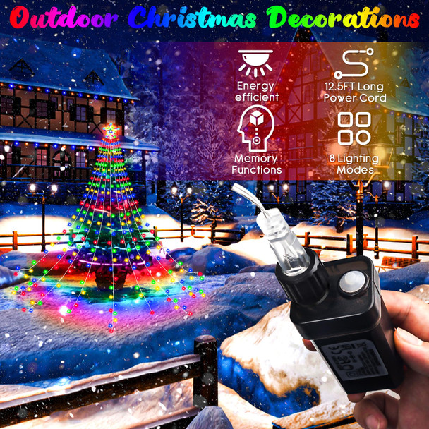Outdoor Christmas Decorations 350 Led Star Lights - 11.5ft x 9 String Waterfall Christmas Lights Indoor, 8 Modes Memory Function With Star Topper Light for Yard Xmas Tree Wedding Party(Multicolor)