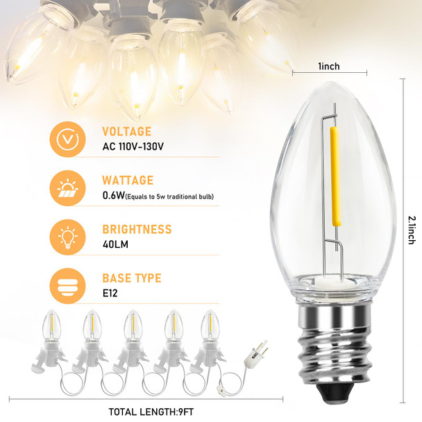 C7 Christmas Accessory Cord with Five Clear Light Bulbs, LED Lights White Cord with On/Off Switch Plugs, C7 Indoor String Lights for Christmas Halloween Model Toy Craft Village House Decoration