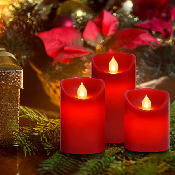 Flameless Battery Operated LED Candles, Remote Control Electric Realistic Candles Flickering Real Wax 4/5/6 Inch 3PACK with 2/4/6/8 Hour Timer for Home Decor Holidays Party (Red)