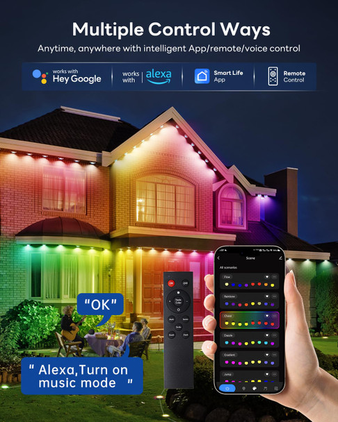 Pak Permanent Outdoor Lights, 50FT Smart RGB+IC LED Lights for House - IP67 Waterproof Eave Lights for Halloween, Christmas & Parties - DIY Multiple Scene Modes, Works with Alexa & Google Assistant