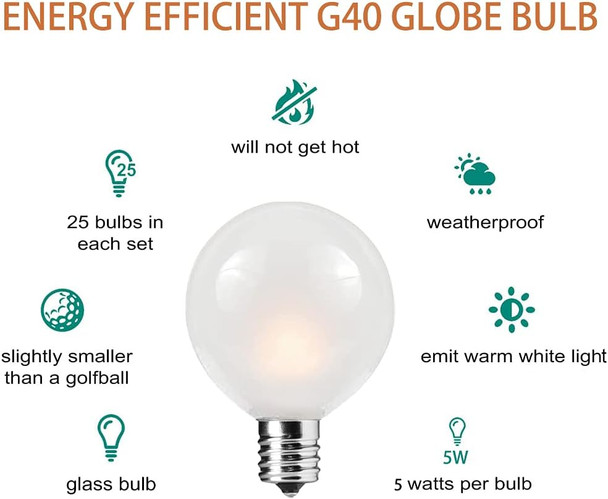 G40 Frosted Replacement Bulbs, 25 Pack 5 Watt G40 Replacement Light Bulbs for String Lights with 12/C7 Candelabra Base, G40 Incandescent Bulbs for Indoor Outdoor Decorative