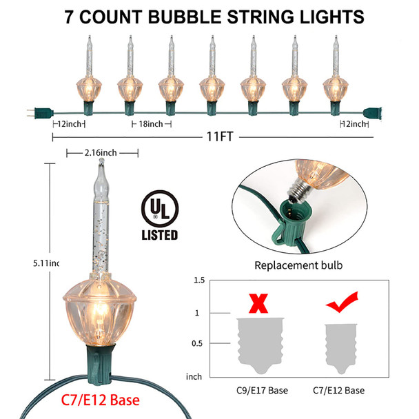 Christmas Bubble Lights 11 Ft Bubble String Lights with 7 Bubble Light Bulbs, Silver Glitter Vintage Bubble Lights for Christmas Tree, Holiday, Celebrations Lighting - Green Wire