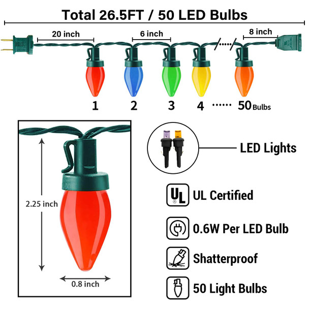 C7 Christmas Multi-Color LED Lights, 26.5 FT String Lights Outdoor with 50 LED Lights Blubs, Waterproof String Lights for Garden, Patio, Party Christmas Tree Decorations, Plug in, Green Wire, Plug in