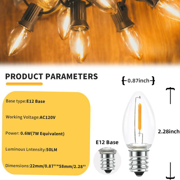 25 Pack C7 LED String Light Replacement Bulbs, 0.6W Warm White 2200K, E12 Candelabra Base, Waterproof Clear Night Light Bulbs for Christmas Lights Outdoor Indoor Party Garden Wedding Decorations