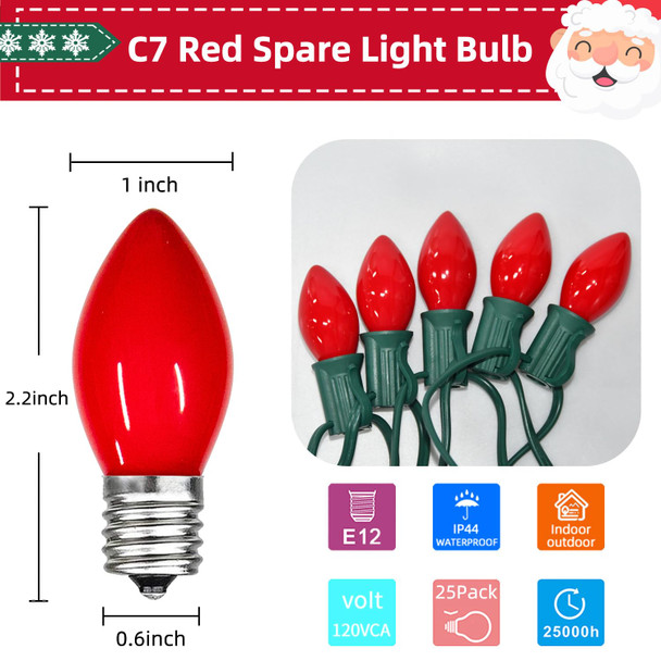 Waterproof UL Red Replacement Bulbs Christmas Tree Light Bulbs for Indoor and Outdoor Decoration with 25 Pack, C7/E12 Base, 5 Watt