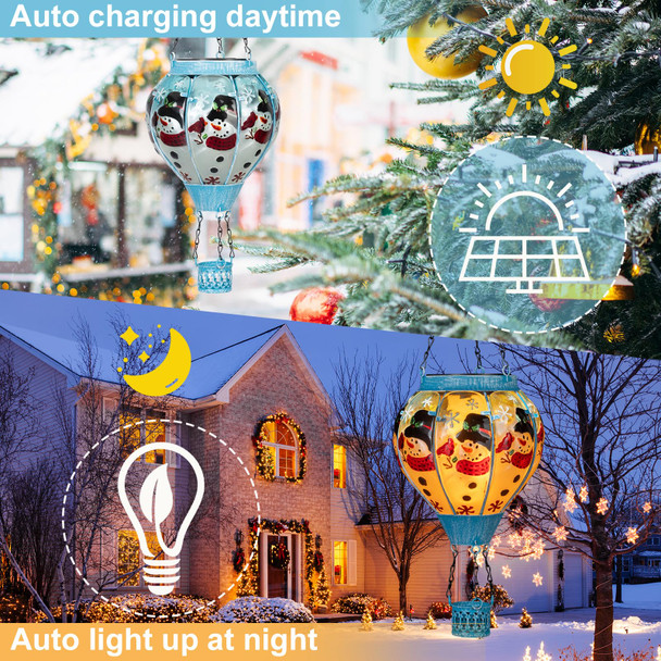 Hot Air Balloon Solar Lantern - Christmas Flickering Flame Outdoor Waterproof Hanging Solar Lanterns for Patio Yard,Lawn Porch,Garden Snowman