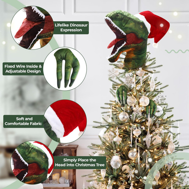 Percozzi Christmas Dinosaur Tree Topper T-rex Christmas Tree Ornament Christmas Party Home Decorations Tree Topper Supplies for Winter Holiday Cute Dinosaur Xmas